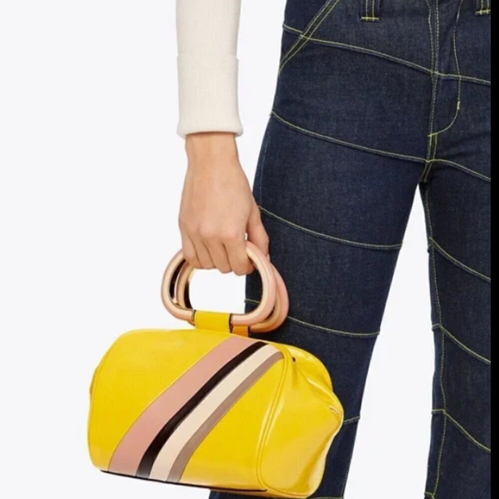 NEW! NWT! Tory Burch Half Moon Strip Mini Satchel Boston  -Yellow Leather Women